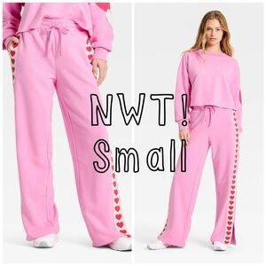 NWT!  Small ❤️🩷 Pink Heart-Patterned Women's JoyLab wide leg Terry sweatpants